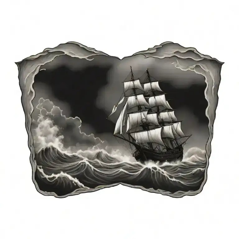 wooden ship sailing through stormy seas tattoo design idea