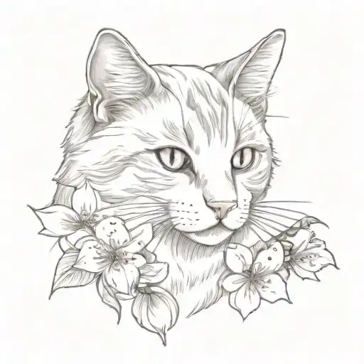 A realistic portrait of a cat in a new-school style surrounded by Japanese cherry blossoms tattoo design idea