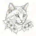 A realistic portrait of a cat in a new-school style surrounded by Japanese cherry blossoms tattoo design idea