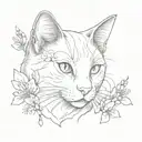 A realistic portrait of a cat in a new-school style surrounded by Japanese cherry blossoms tattoo design idea