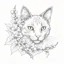 A realistic portrait of a cat in a new-school style surrounded by Japanese cherry blossoms tattoo design idea