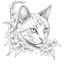 A realistic portrait of a cat in a new-school style surrounded by Japanese cherry blossoms tattoo design idea