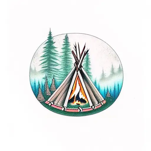 A campfire by a creek with a Native American teepee tattoo design idea