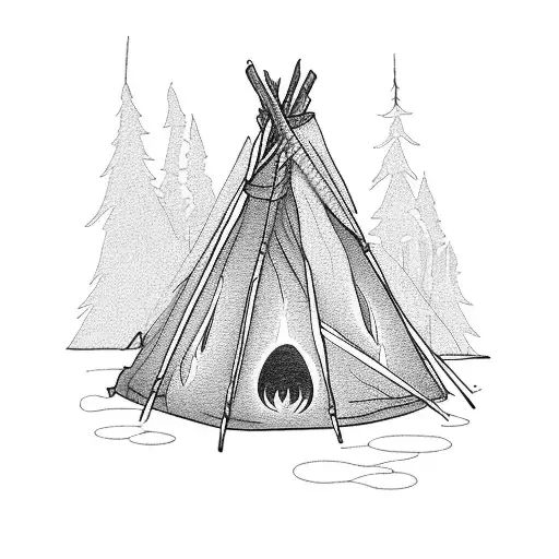 A campfire by a creek with a teepee in the background tattoo design idea