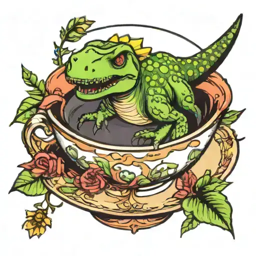 dinosaur in a teacup tattoo design idea