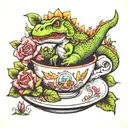 dinosaur in a teacup tattoo design idea