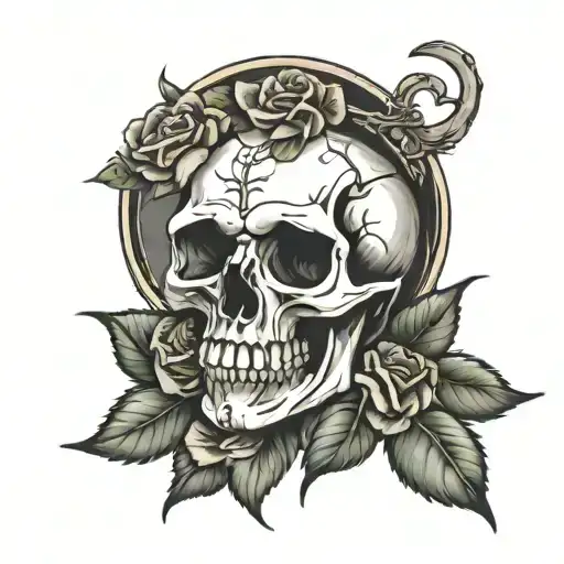 Skull and roses wearing a broken halo  tattoo design idea
