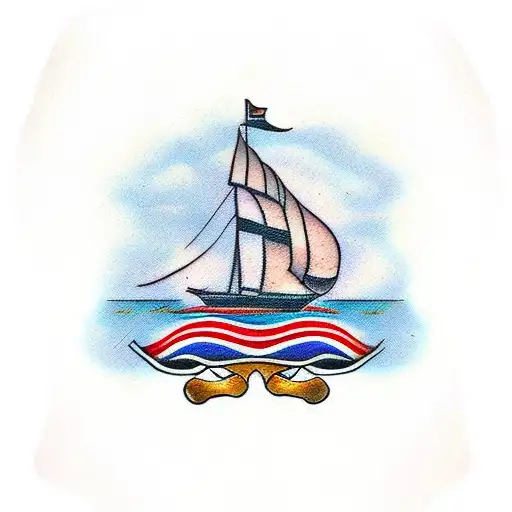 A traditional style tattoo of a skull wearing a captain's hat steering a ship towards a palm tree shore tattoo design idea