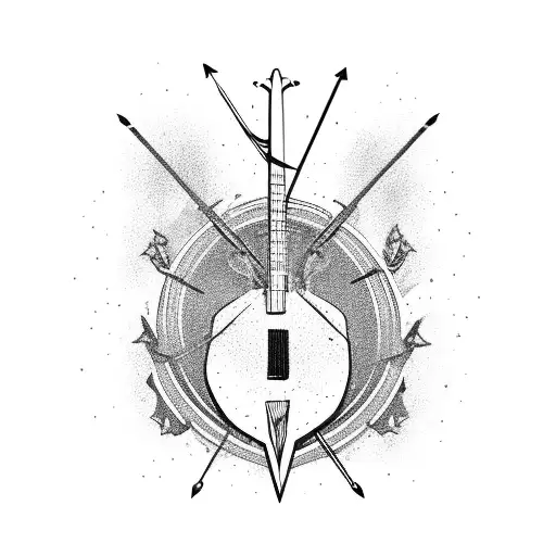 A guitar and a bow and arrow intertwined in a dynamic pose tattoo design idea