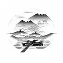 A Toyota Supra speeding through a Japanese landscape with musical notes trailing behind tattoo design idea