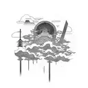 A Toyota Supra speeding through a Japanese landscape with musical notes trailing behind tattoo design idea