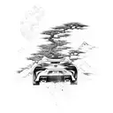 A Toyota Supra speeding through a Japanese landscape with musical notes trailing behind tattoo design idea