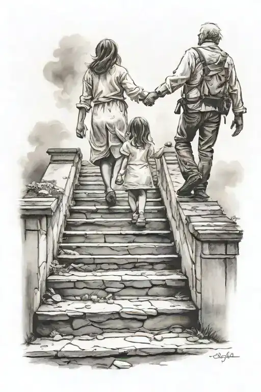father and daughter walking up on stairs to heaven tattoo design idea