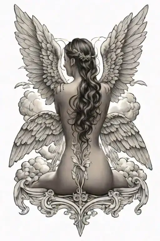 Angel with spread wings looking down, clouds behind tattoo design idea