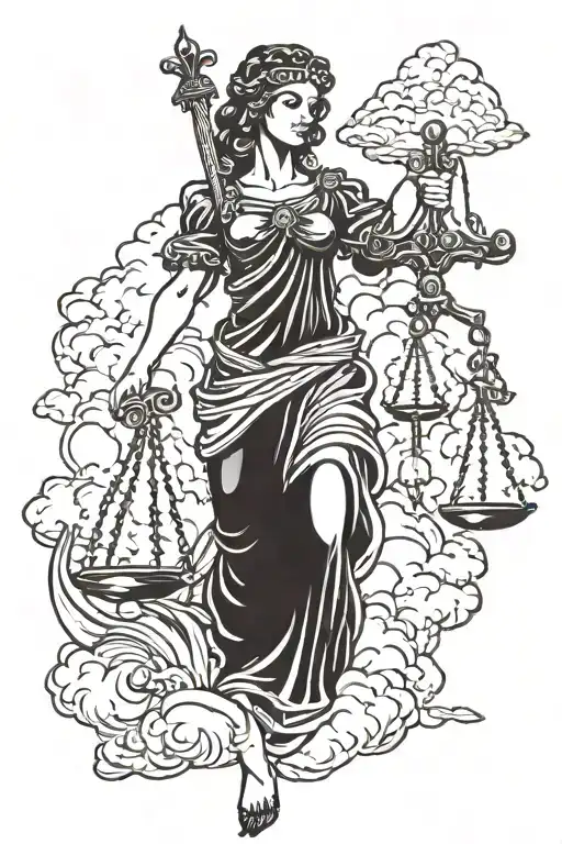 Lady Justice with sword and scale with clouds behind tattoo design idea