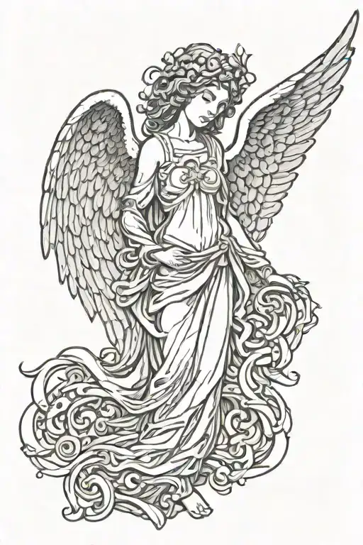 Angel with spread wings looking down tattoo design idea