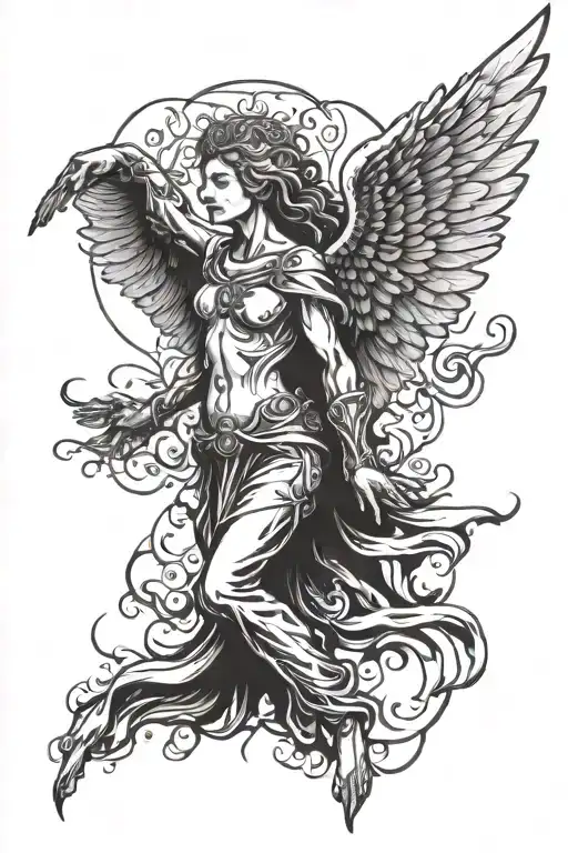 Angel with spread wings looking down tattoo design idea