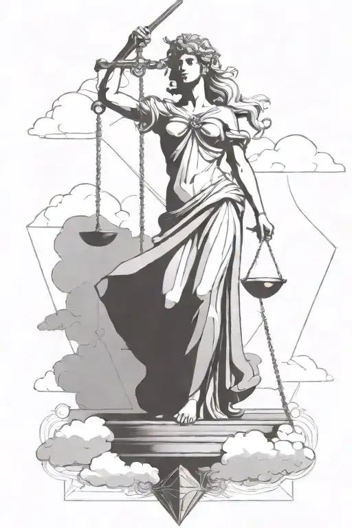Lady Justice with sword and scale with clouds behind tattoo design idea