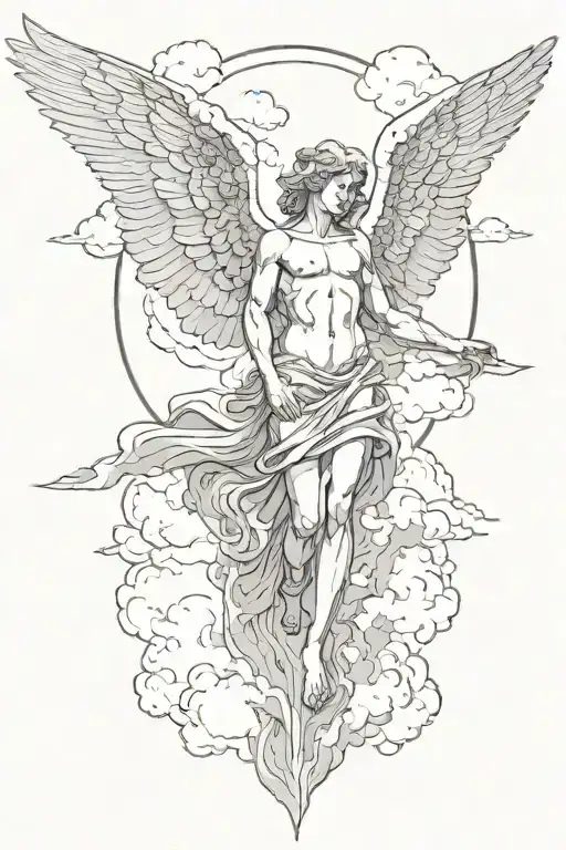 Angel looking down, with clouds behind tattoo design idea
