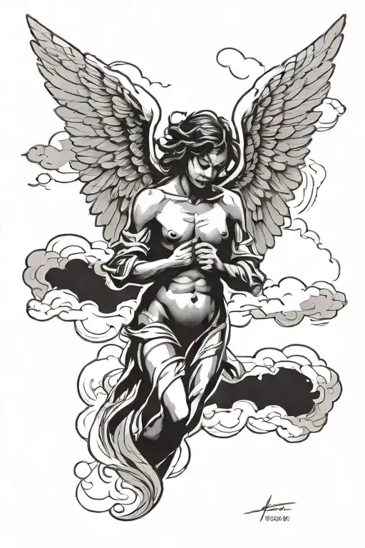  Angel looking down, with clouds behind tattoo design idea