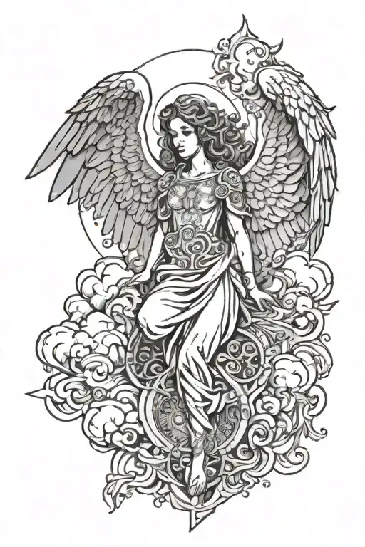 Angel looking down in clouds tattoo design idea