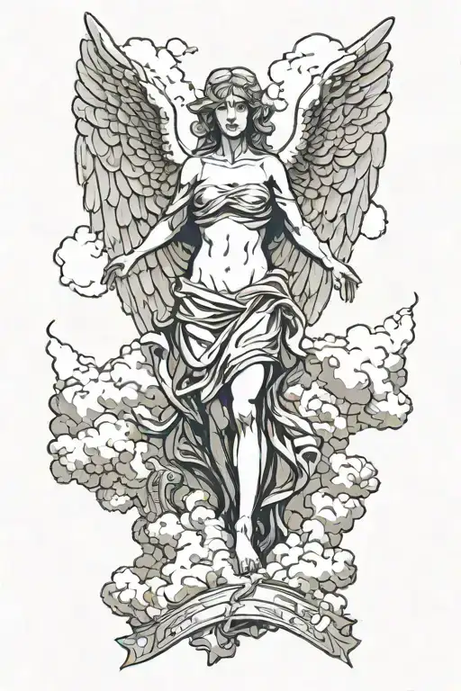  Angel looking down, with clouds behind tattoo design idea