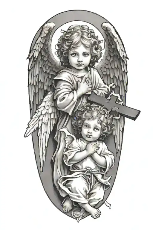 Two  little  angels with cross in between  tattoo design idea