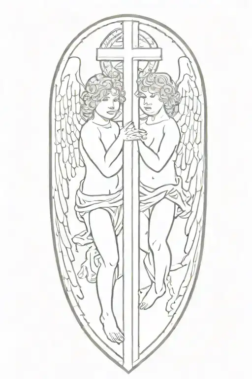 Two  little  angels with cross in between  tattoo design idea