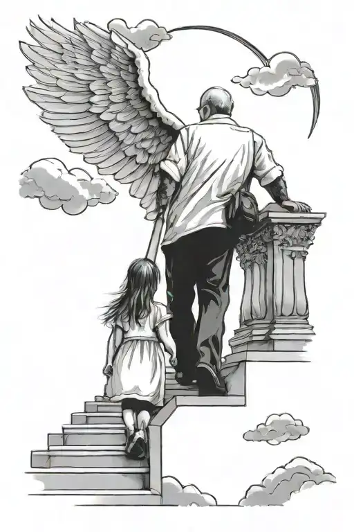 Father and daughter walking up on stairs to heaven tattoo design idea