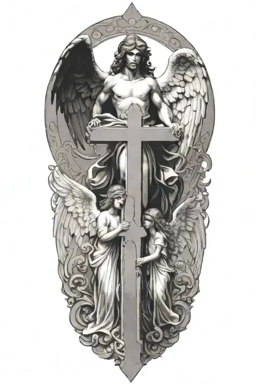 Two angels with cross in between  tattoo design idea