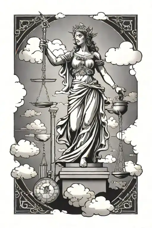 Lady Justice with sword and scale with clouds behind tattoo design idea