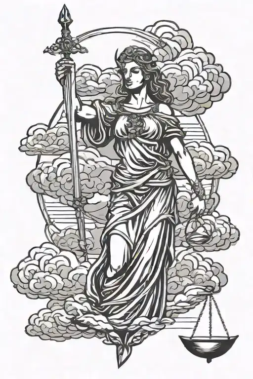Lady Justice with sword and scale with clouds behind tattoo design idea