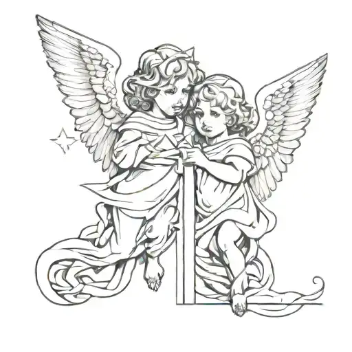 Two  little  angels with a cross in between  tattoo design idea