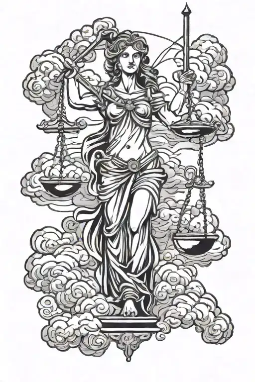 Lady Justice with sword and scale with clouds behind tattoo design idea