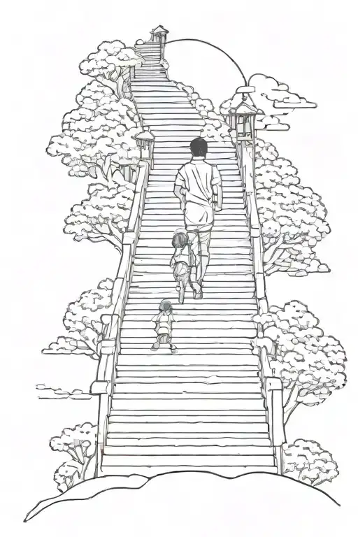 Father and daughter walking up on stairs to heaven tattoo design idea
