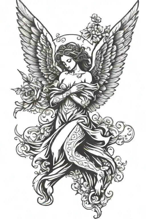Angel with spread wings looking down tattoo design idea