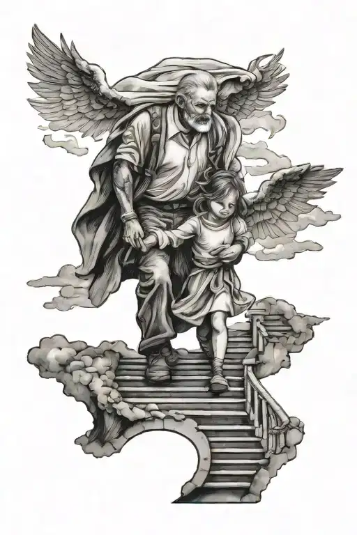 Father and daughter walking up on stairs to heaven tattoo design idea