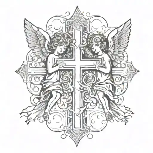 Two  little  angels with a cross in between  tattoo design idea