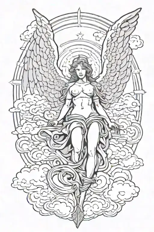  Angel looking down, with clouds behind tattoo design idea