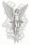 Angel looking down, with clouds behind tattoo design idea