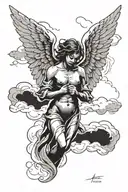  Angel looking down, with clouds behind tattoo design idea