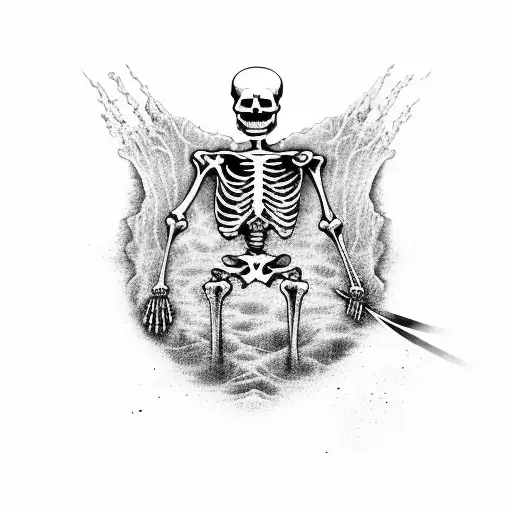 A surreal scene of a skeleton surfer riding a wave made of bones, blending the themes of surfing and death in a unique way tattoo design idea