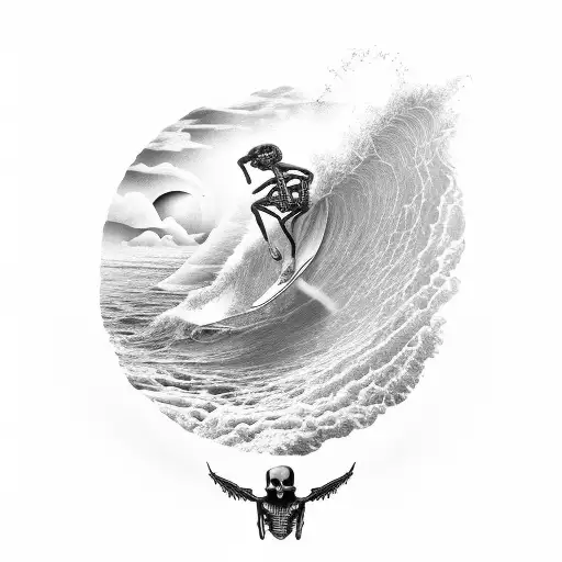 A surreal scene of a skeleton surfer riding a wave made of bones, blending the themes of surfing and death in a unique way tattoo design idea