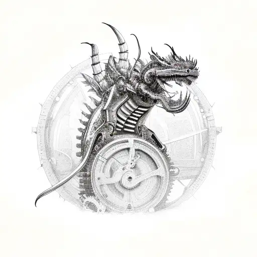 Mechanical Steampunk Robotic Dragon with red spider lillies  tattoo design idea