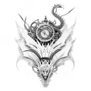 Mechanical Steampunk Robotic Dragon long body perfect body flow with red spider lillies thigh tattoo tattoo design idea