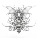 Mechanical Steampunk Robotic Dragon long body perfect body flow with red spider lillies thigh tattoo tattoo design idea