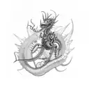 Mechanical Steampunk Robotic Dragon long body perfect body flow with red spider lillies thigh tattoo tattoo design idea