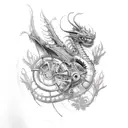 Mechanical Steampunk Robotic Dragon long body perfect body flow with red spider lillies thigh tattoo tattoo design idea