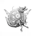 Mechanical Steampunk Robotic Dragon long body perfect body flow with red spider lillies thigh tattoo tattoo design idea