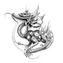 Mechanical Steampunk Robotic Dragon long body perfect body flow with red spider lillies thigh tattoo tattoo design idea